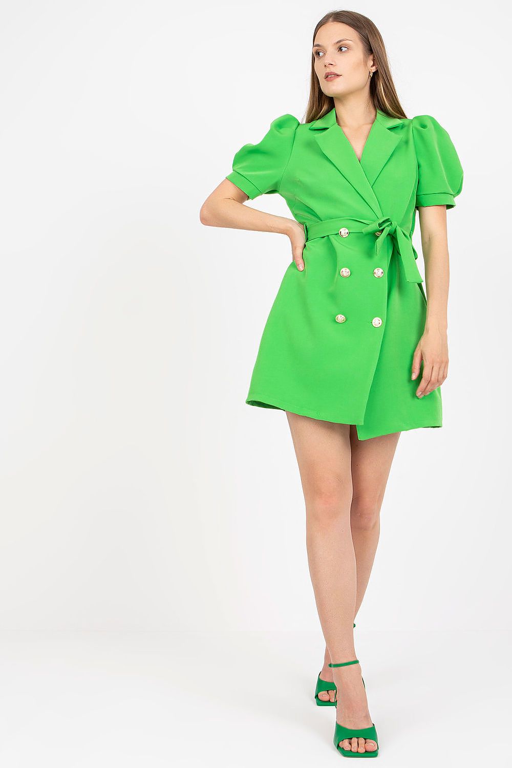 Elegant Italy Moda Envelope Dress with Short Sleeves and Tie Belt for Various Occasions, showcased in vibrant green, highlighting fashionable puff sleeves and stylish button details.