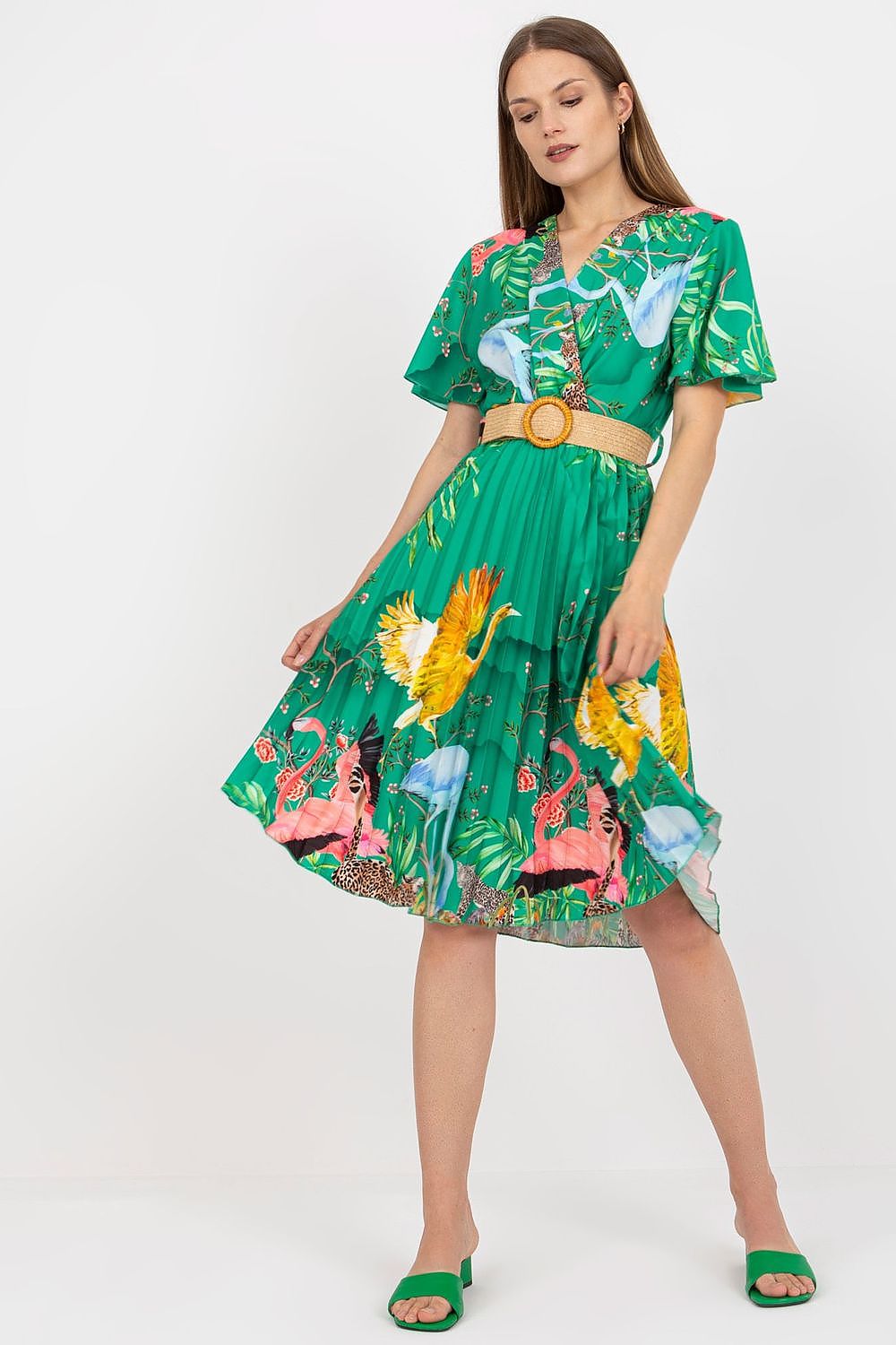 Elegant Summer Dress with Short Sleeves, Envelope Neckline and Braided Belt by Italy Moda, styled with bold tropical prints and a flared silhouette, ideal for chic summer outings.