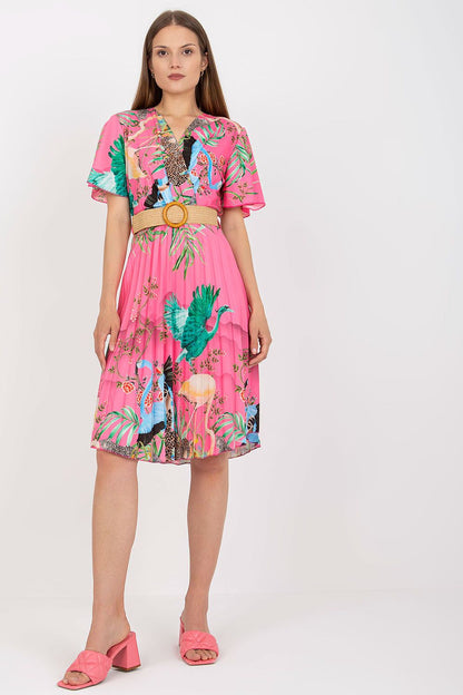 Elegant Summer Dress with Short Sleeves, Envelope Neckline and Braided Belt by Italy Moda - Model showcasing a chic pink floral dress with a stylish braided belt, ideal for summer gatherings.