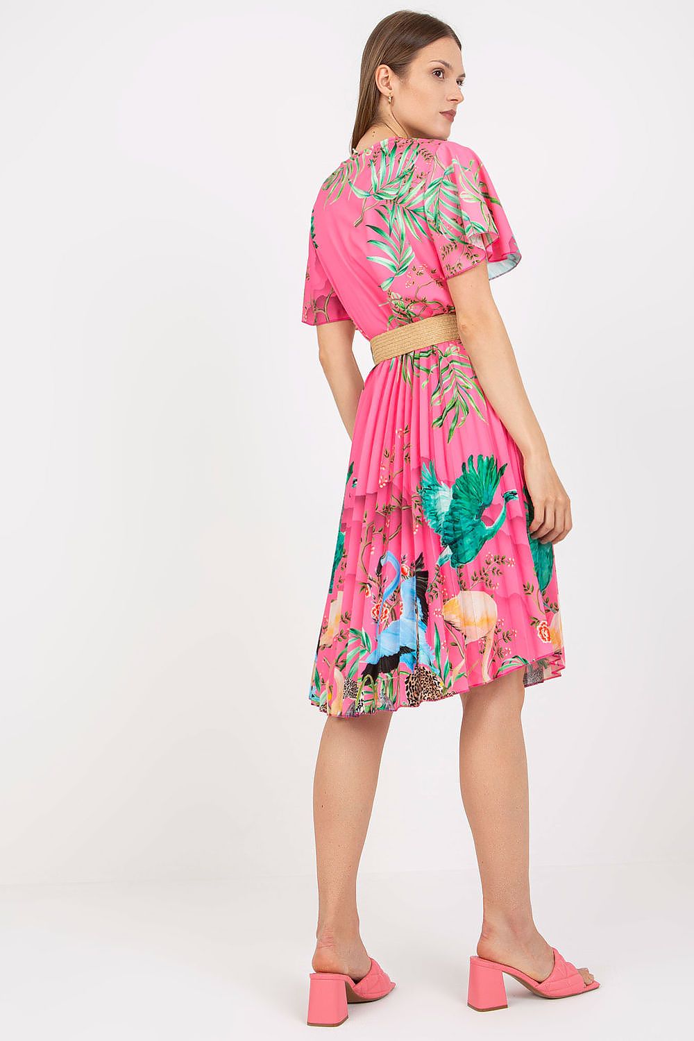 Elegant Summer Dress with Short Sleeves, Envelope Neckline and Braided Belt by Italy Moda - Model poses in a pink dress with a flared bottom, accentuated by a braided belt, tailored for elegant summer wear.