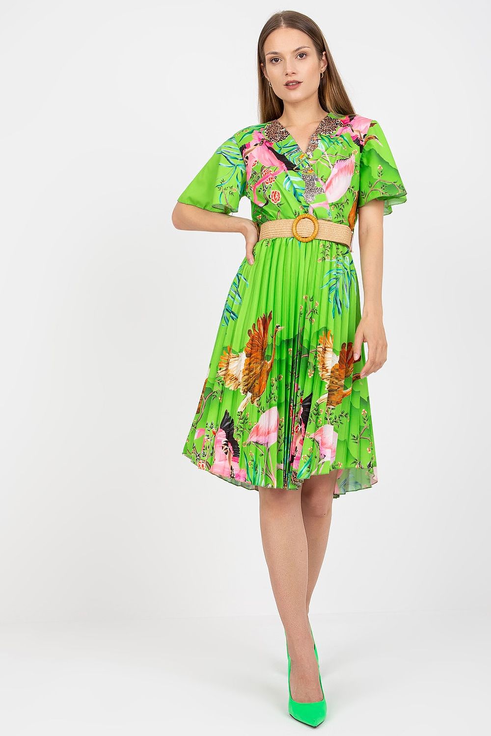 Elegant Summer Dress with Short Sleeves, Envelope Neckline and Braided Belt by Italy Moda - Model displaying a luxurious green dress adorned with floral patterns and a braided belt, a perfect choice for upscale summer events.