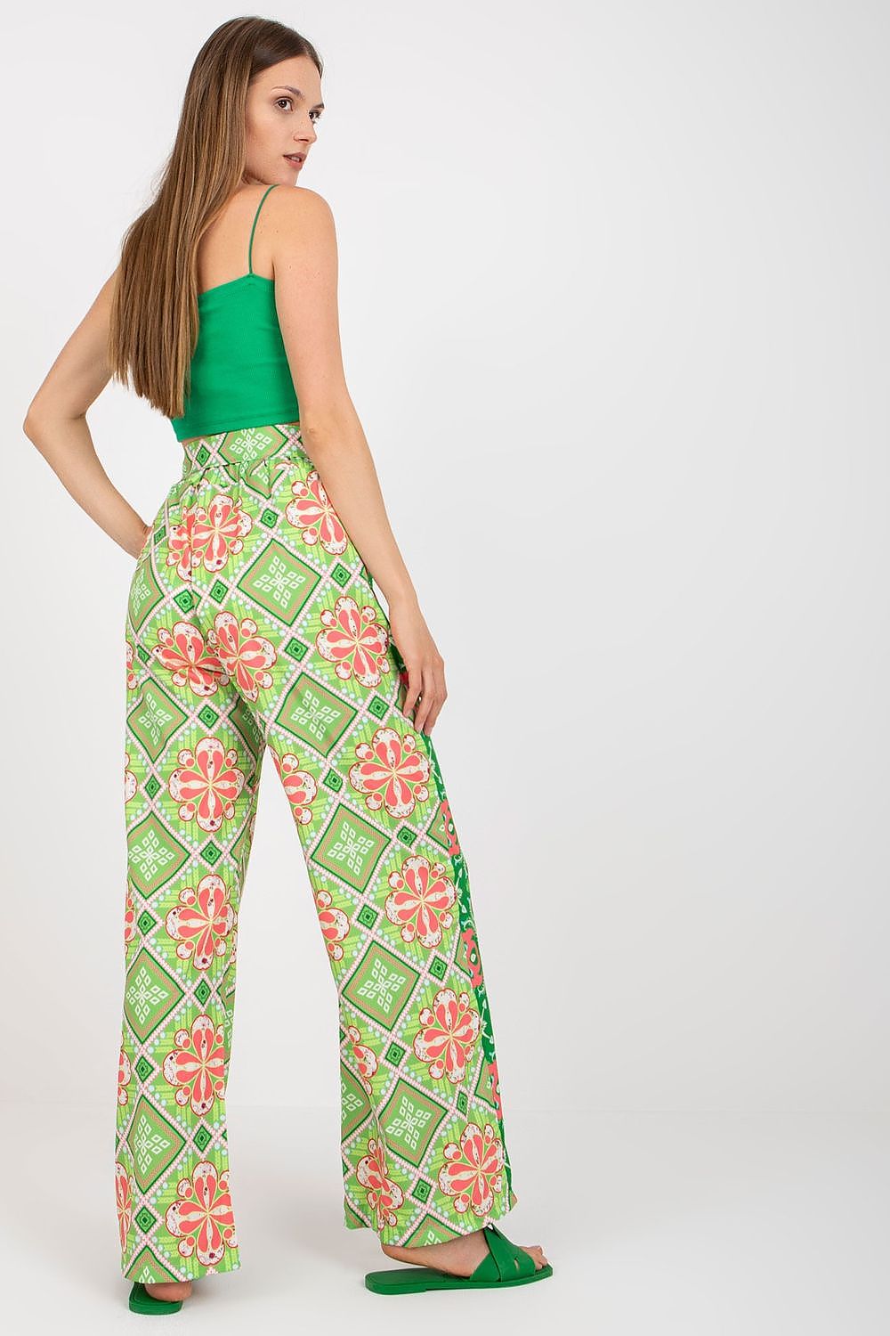 Italy Moda Women's High-Waisted Wide-Leg Trousers with Elastic Waistband - Elegant Comfort Pants, displayed from behind, highlighting the exquisite floral design and tailored fit, ideal for an upscale casual ensemble.