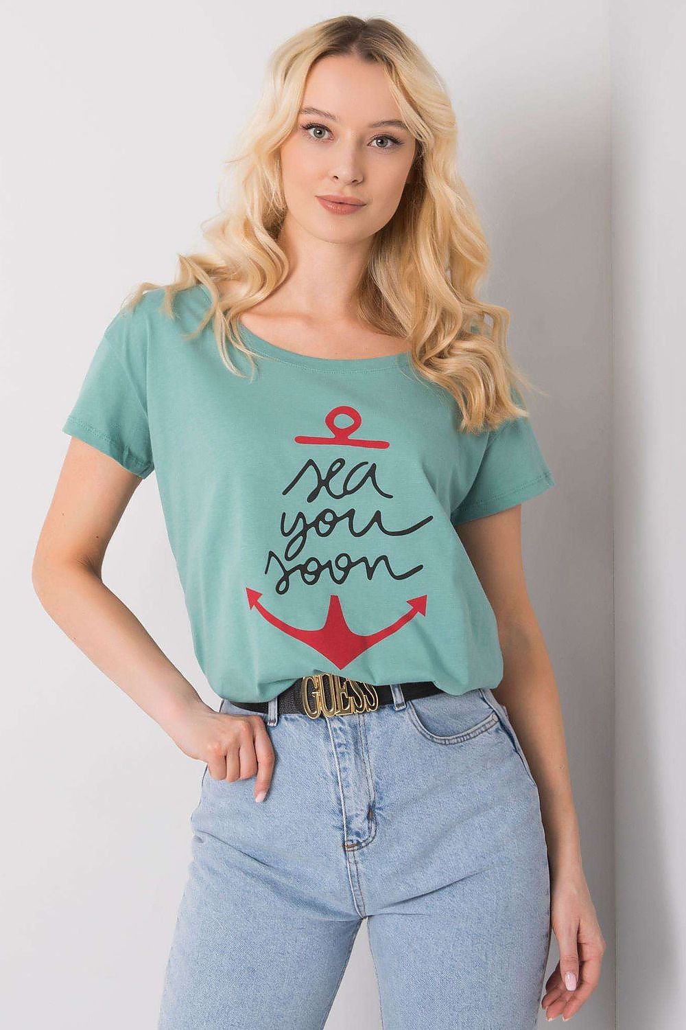Fancy Ladies' Short Sleeve Cotton T-Shirt with Decorative Print - Round Neck Style, featuring a stylish sea-themed design in a serene green colour, perfect for casual chic looks.