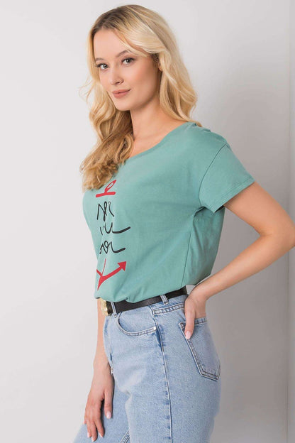 Fancy Ladies' Short Sleeve Cotton T-Shirt with Decorative Print - Round Neck Style, adorned with a vibrant sea graphic on a calming green tee, combining elegance and comfort.