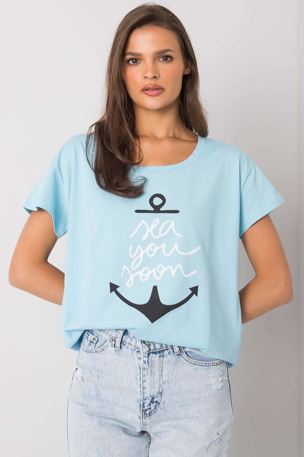 Fancy Ladies' Short Sleeve Cotton T-Shirt with Decorative Print - Round Neck Style, featuring a chic anchor graphic in classic blue, perfect for stylish nautical-themed outfits.