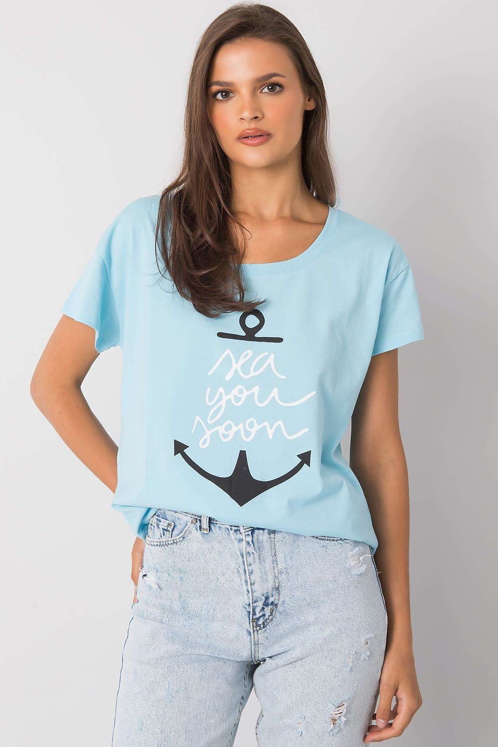Fancy Ladies' Short Sleeve Cotton T-Shirt with Decorative Print - Round Neck Style in light blue, featuring a stylish anchor print with the text 'sea you soon', perfect for a nautical-themed fashion statement.