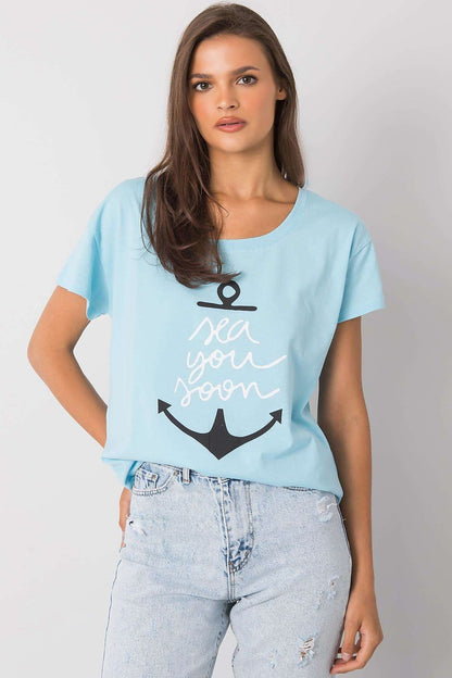Fancy Ladies' Short Sleeve Cotton T-Shirt with Decorative Print - Round Neck Style in light blue, featuring a stylish anchor print with the text 'sea you soon', perfect for a nautical-themed fashion statement.