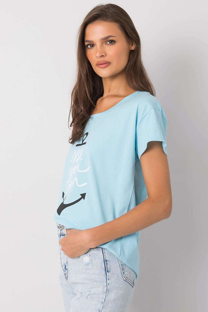 Fancy Ladies' Short Sleeve Cotton T-Shirt with Decorative Print - Round Neck Style showcased from the side, emphasising the elegant fit and playful design with the text 'sea you soon' and anchor motif.