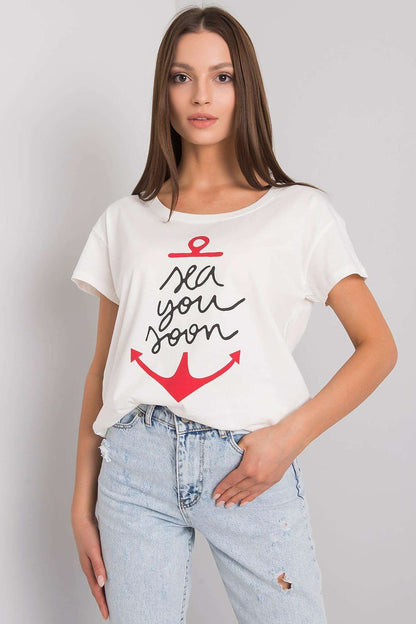Fancy Ladies' Short Sleeve Cotton T-Shirt with Decorative Print - Round Neck Style in a classic white colour, featuring a vibrant anchor print alongside the phrase 'sea you soon', ideal for a chic summer look.