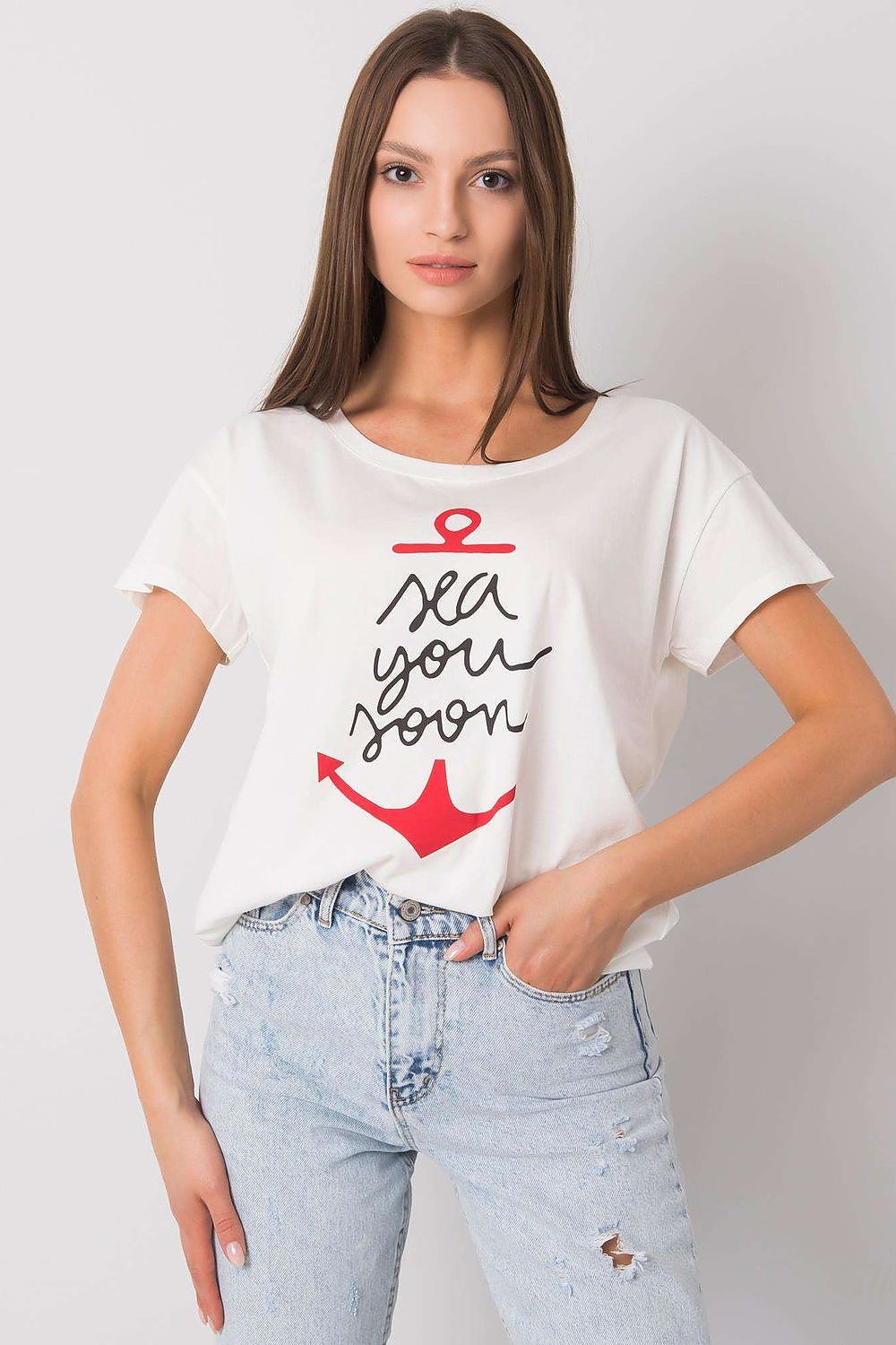 Fancy Ladies' Short Sleeve Cotton T-Shirt with Decorative Print - Round Neck Style showcasing a stylish white tee adorned with a bold anchor graphic and 'sea you soon' text, perfect for trendy casual wear.