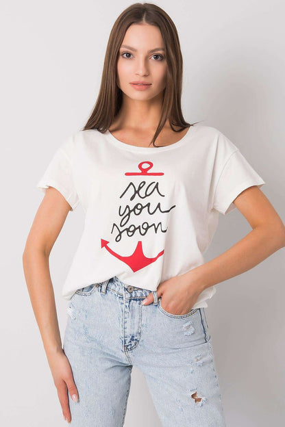 Fancy Ladies' Short Sleeve Cotton T-Shirt with Decorative Print - Round Neck Style showcasing a stylish white tee adorned with a bold anchor graphic and 'sea you soon' text, perfect for trendy casual wear.