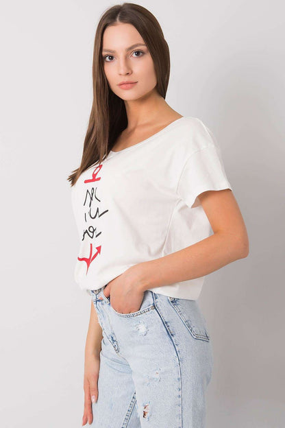 Fancy Ladies' Short Sleeve Cotton T-Shirt with Decorative Print - Round Neck Style in white, elegantly displayed from the side, highlighting its contemporary design with a chic anchor and 'sea you soon' inscription.