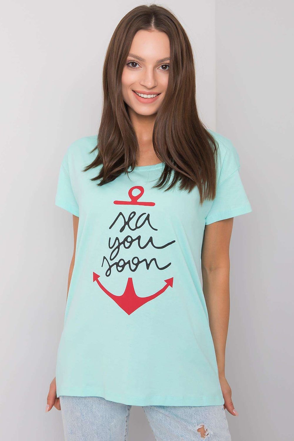 Fancy Ladies' Short Sleeve Cotton T-Shirt with Decorative Print - Round Neck Style, featuring a stylish light blue t-shirt with an anchor design and the phrase 'sea you soon' displayed prominently. Perfect for casual summer outings.
