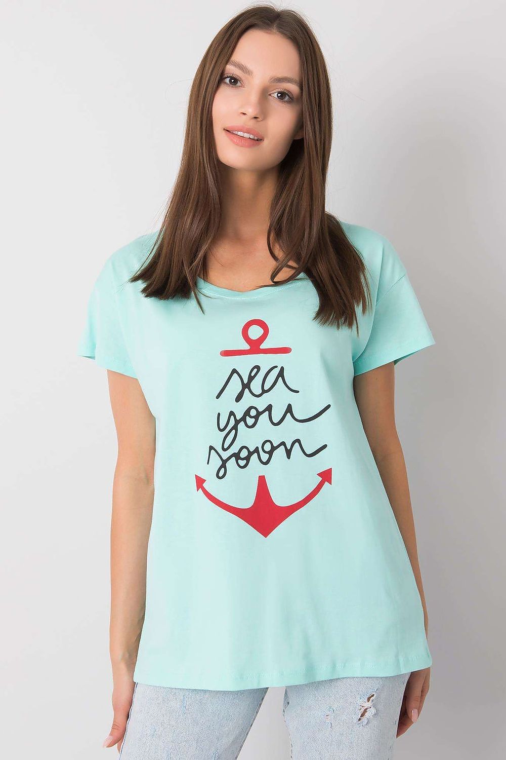 Fancy Ladies' Short Sleeve Cotton T-Shirt with Decorative Print - Round Neck Style in light blue, elegantly styled, featuring a chic anchor and the words 'sea you soon' for a trendy look.