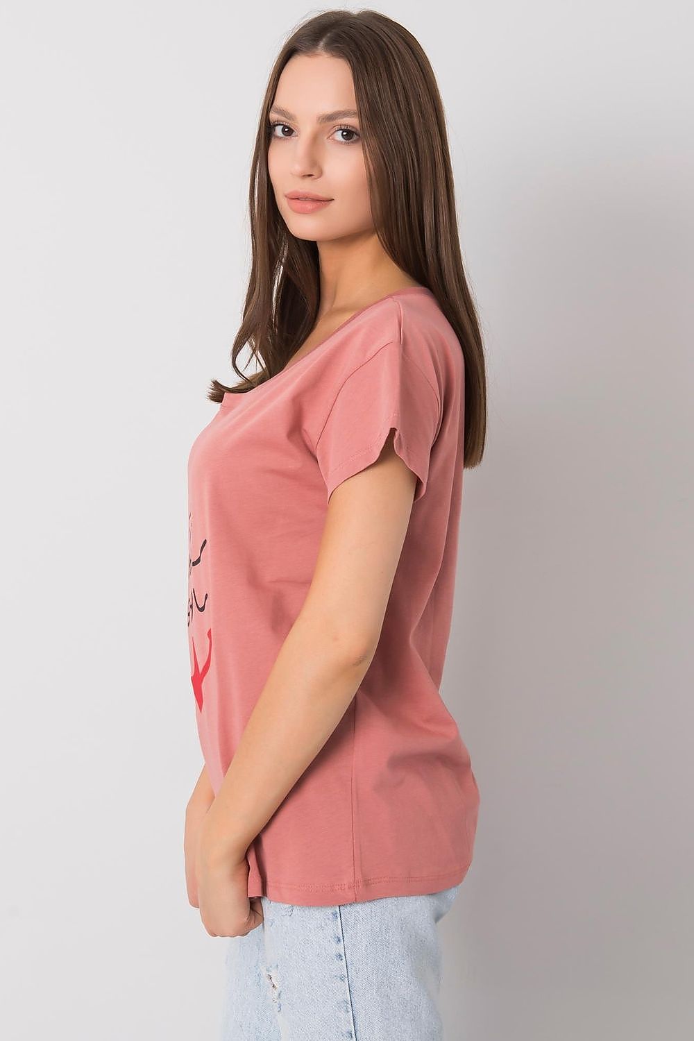 Fancy Ladies' Short Sleeve Cotton T-Shirt with Decorative Print - Round Neck Style, showcased in a soft pink hue, elegantly accentuating the silhouette of a model.