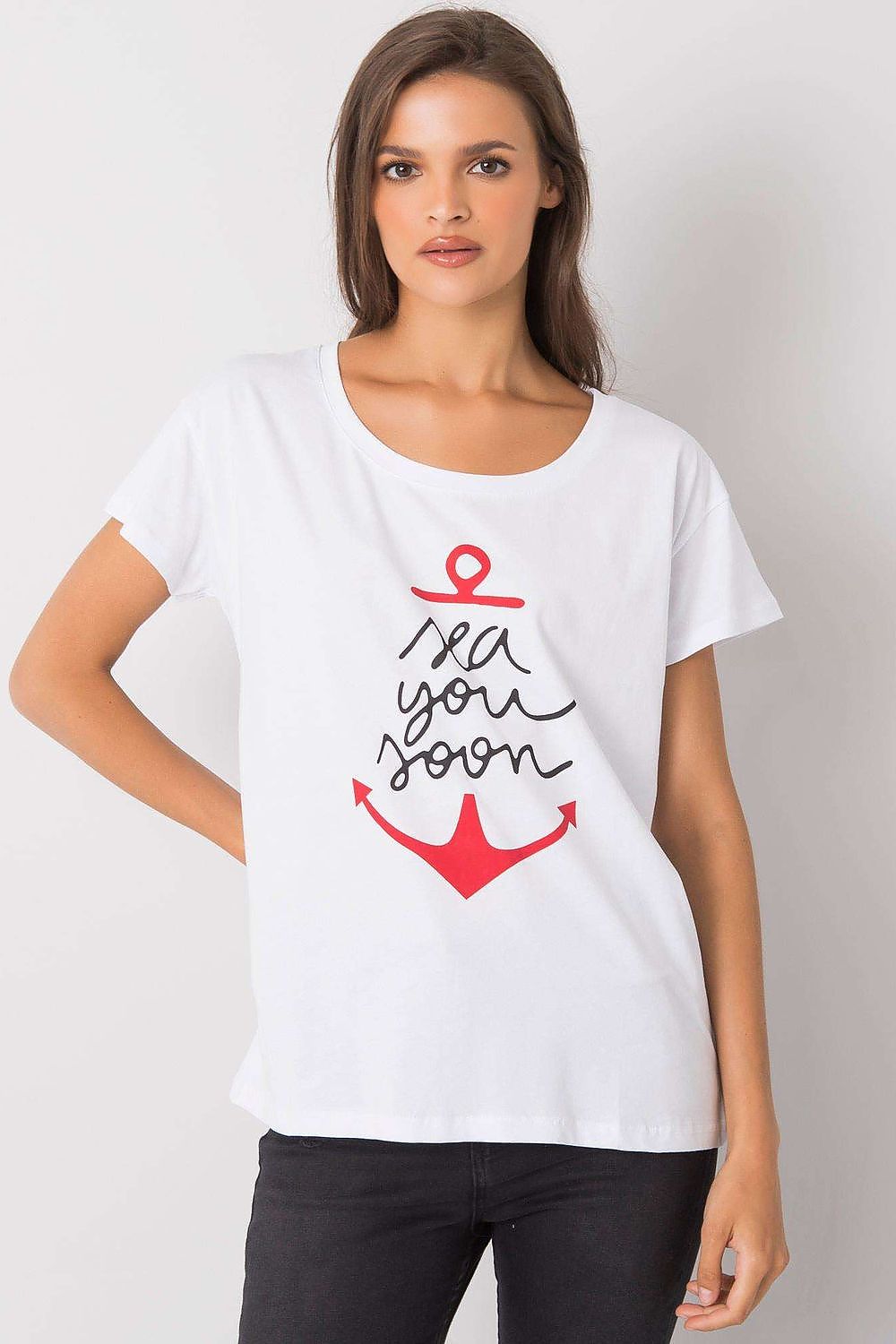 Fancy Ladies' Short Sleeve Cotton T-Shirt with Decorative Print - Round Neck Style in pristine white, featuring a charming 'sea you soon' anchor design, presented on a stylish model.