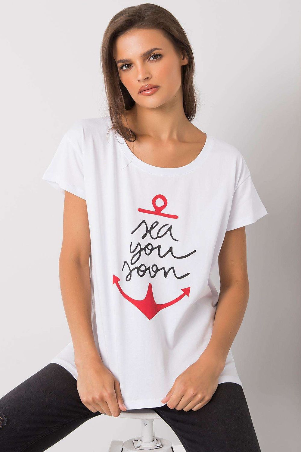 Fancy Ladies' Short Sleeve Cotton T-Shirt with Decorative Print - Round Neck Style, displayed on a model, embracing the chic white design with 'sea you soon' anchor graphics.