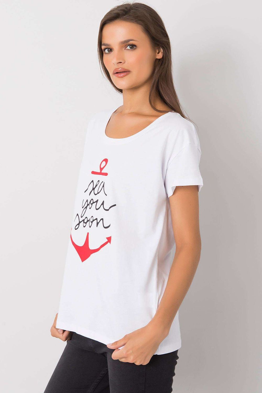 Fancy Ladies' Short Sleeve Cotton T-Shirt with Decorative Print - Round Neck Style, elegantly highlighting the model, with a focus on the stylish anchor print stating 'sea you soon'.