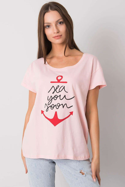 Fancy Ladies' Short Sleeve Cotton T-Shirt with Decorative Print - Round Neck Style, front view of model wearing a soft pink t-shirt with a charming anchor illustration and a stylish cut, ideal for a relaxed, luxurious wardrobe.