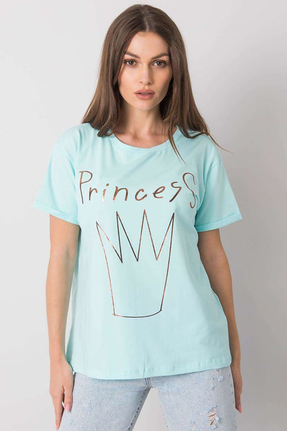 Elegant Ladies' Short Sleeve T-Shirt with Decorative Print featuring a 'Princess' design in a soft turquoise shade, designed for a luxurious style.