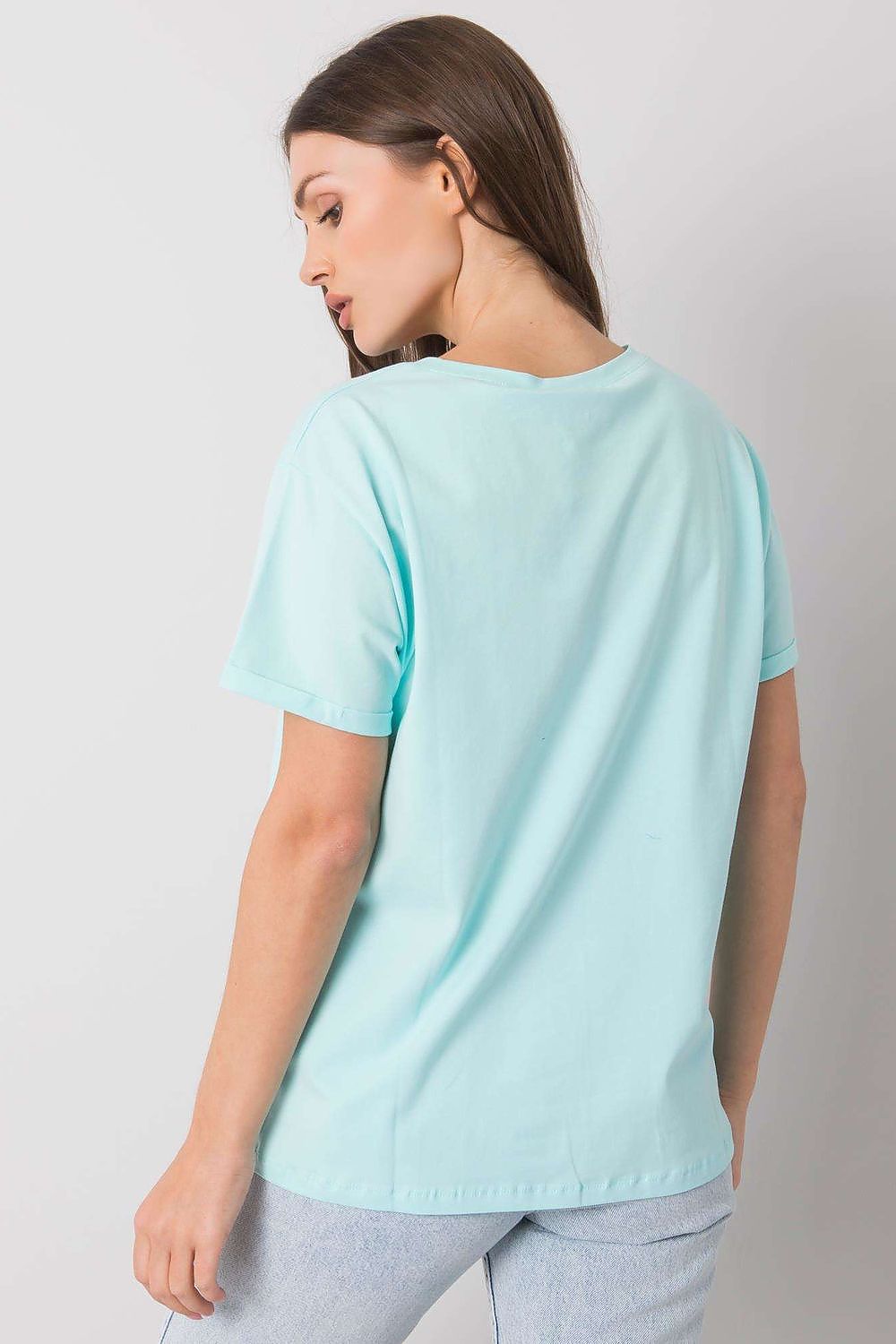 Elegant Ladies' Short Sleeve T-Shirt with Decorative Print captured from the back, featuring a luxurious turquoise colour and casual elegance.