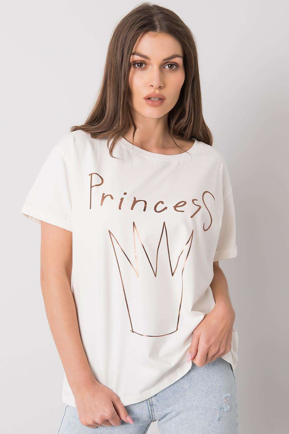 Elegant Ladies' Short Sleeve T-Shirt with Decorative Print in a pristine white shade, adorned with a stylish 'Princess' graphic for a sophisticated look.