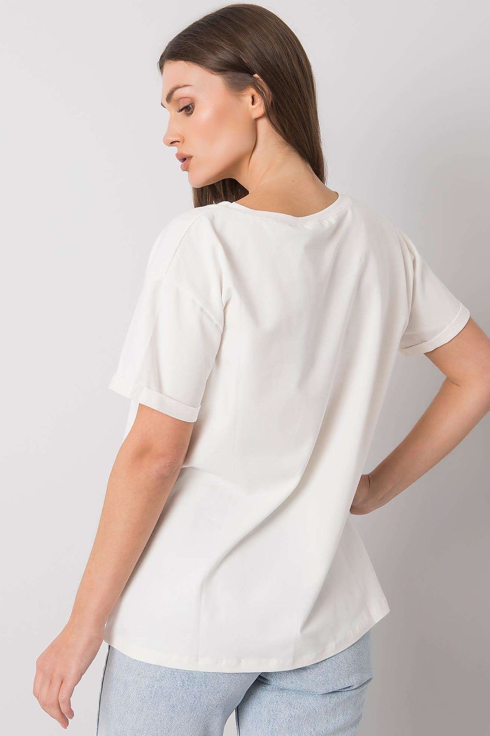 Elegant Ladies' Short Sleeve T-Shirt with Decorative Print, showcasing the back view of a model in a minimalist design, crafted from 95% cotton and 5% Lycra.