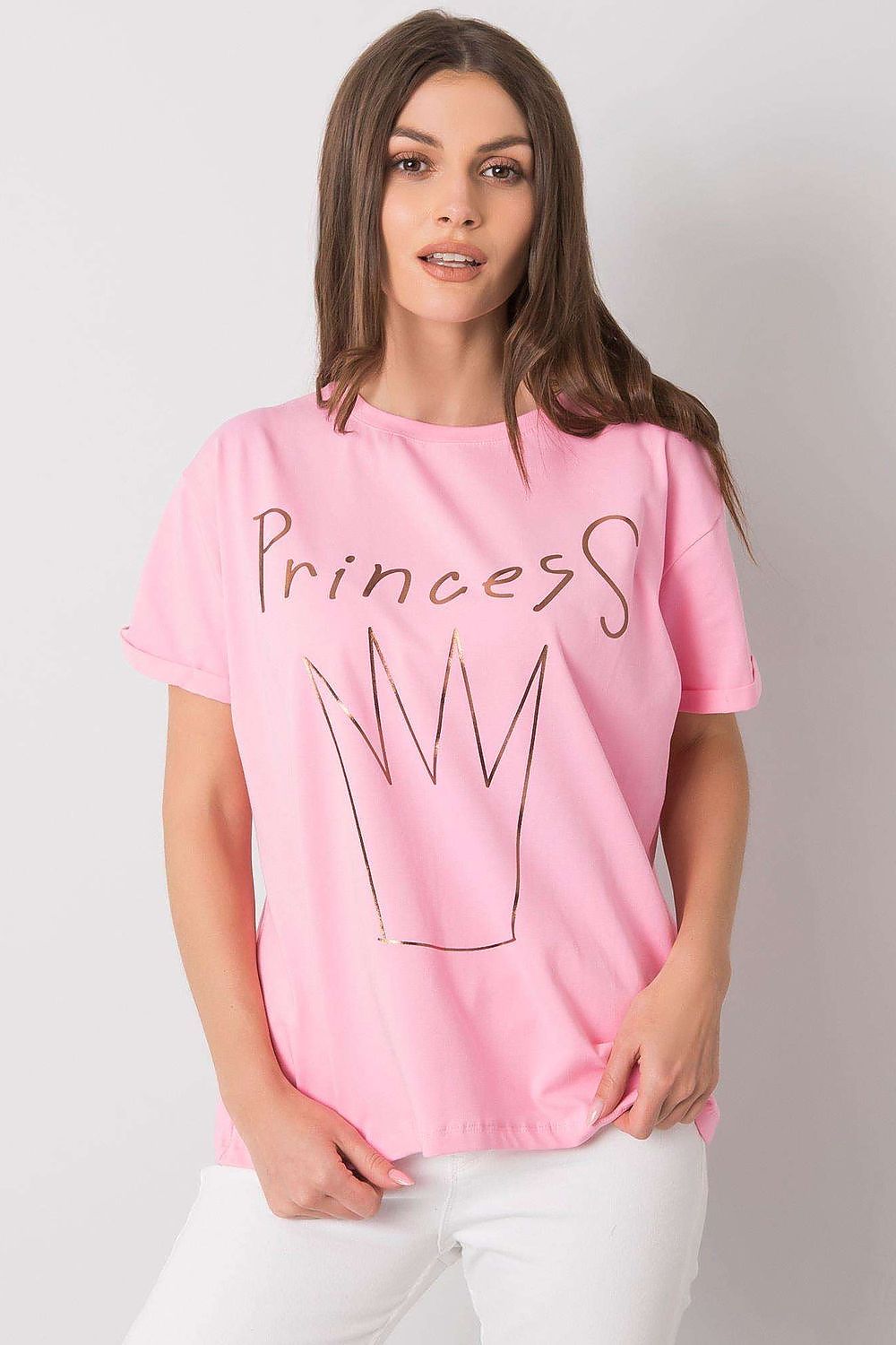 Elegant Ladies' Short Sleeve T-Shirt with Decorative Print, featuring a stylish model in a pink t-shirt adorned with the word 'Princess', emphasizing a playful yet luxurious look.