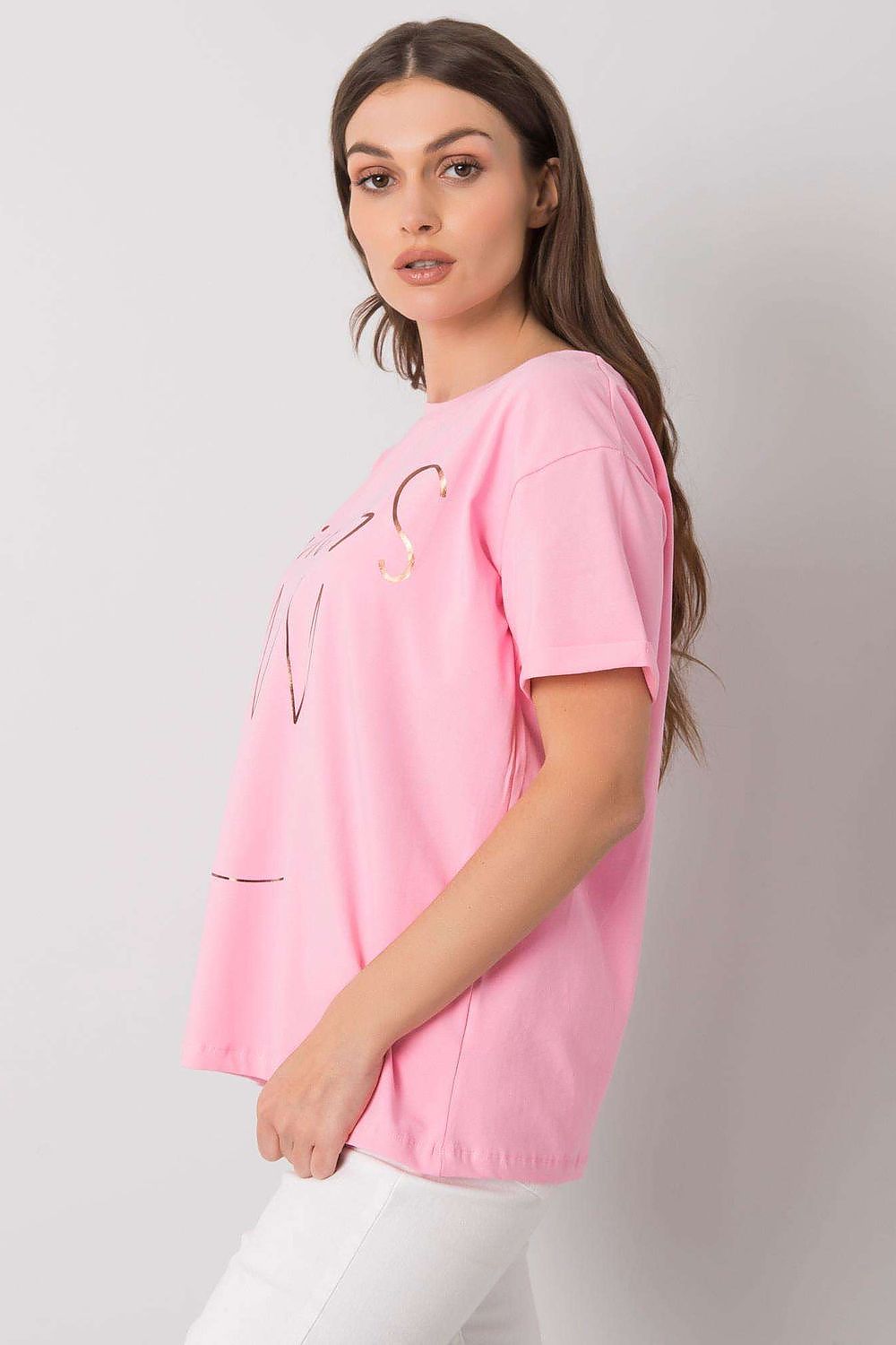 Elegant Ladies' Short Sleeve T-Shirt with Decorative Print, side view showing a model wearing a pink t-shirt with 'Princess' text, combining comfort with chic design.