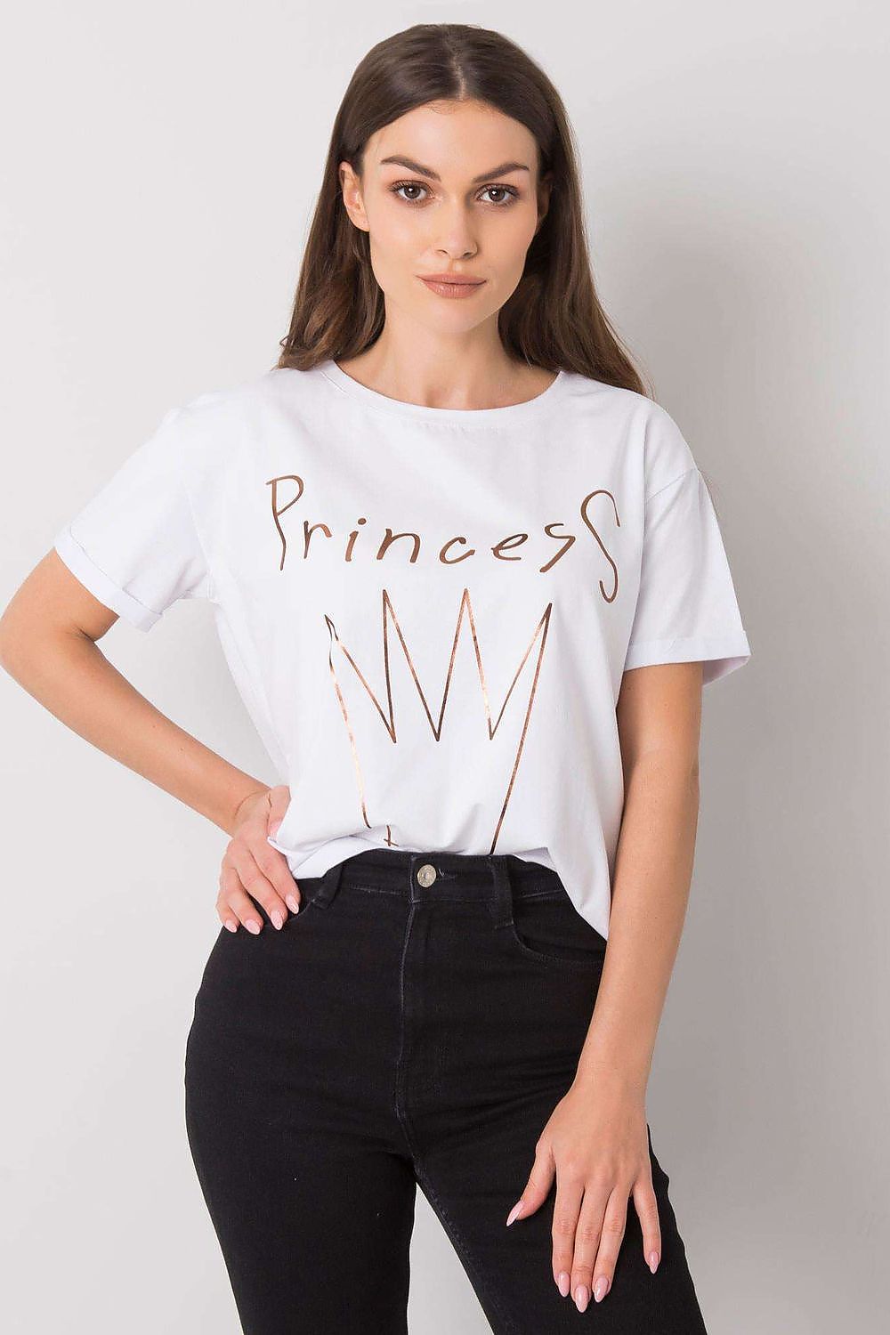 Elegant Ladies' Short Sleeve T-Shirt with Decorative Print in white, featuring a stylish 'Princess' design, made of 95% Cotton and 5% Lycra, model poses confidently wearing it with black jeans.