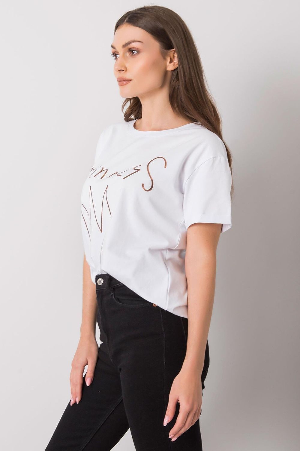 Side view of the Elegant Ladies' Short Sleeve T-Shirt with Decorative Print in white, showcasing the trendy 'Princess' motif, crafted from 95% Cotton and 5% Lycra.