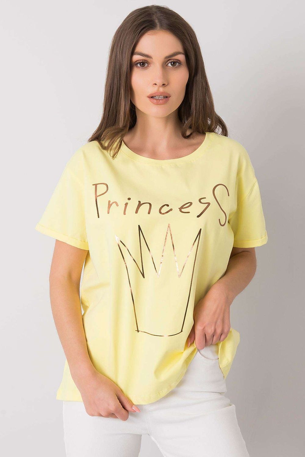 Front view of the Elegant Ladies' Short Sleeve T-Shirt with Decorative Print in yellow, elegantly adorned with a 'Princess' design, composed of 95% Cotton and 5% Lycra, model exudes luxury style.