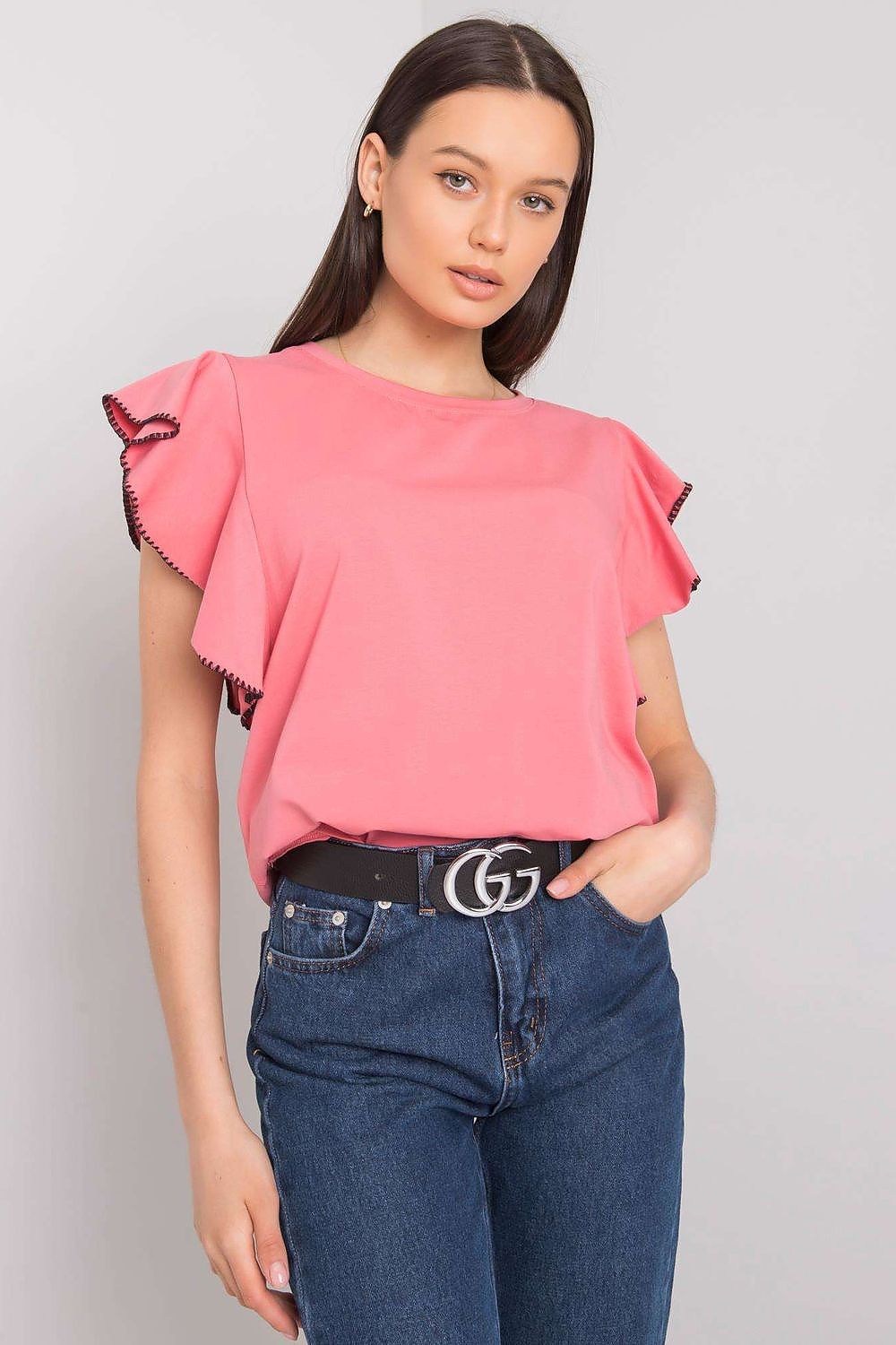 Elegant Frill Sleeve Cotton Blend Blouse with Round Neck – Versatile Everyday Wear, model showcasing a pink frill sleeve blouse paired with high-waisted denim.