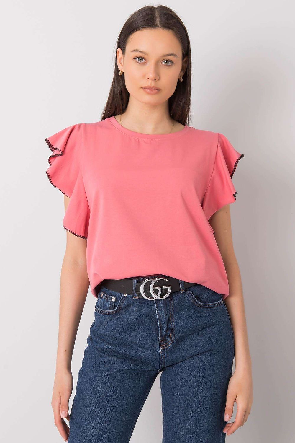 Elegant Frill Sleeve Cotton Blend Blouse with Round Neck – Versatile Everyday Wear, front view of a model wearing a pink blouse featuring frill sleeves and a round neckline.