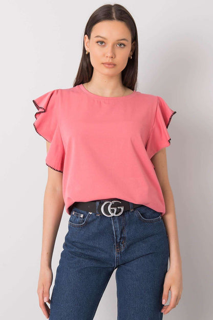 Elegant Frill Sleeve Cotton Blend Blouse with Round Neck – Versatile Everyday Wear, front view of a model wearing a pink blouse featuring frill sleeves and a round neckline.