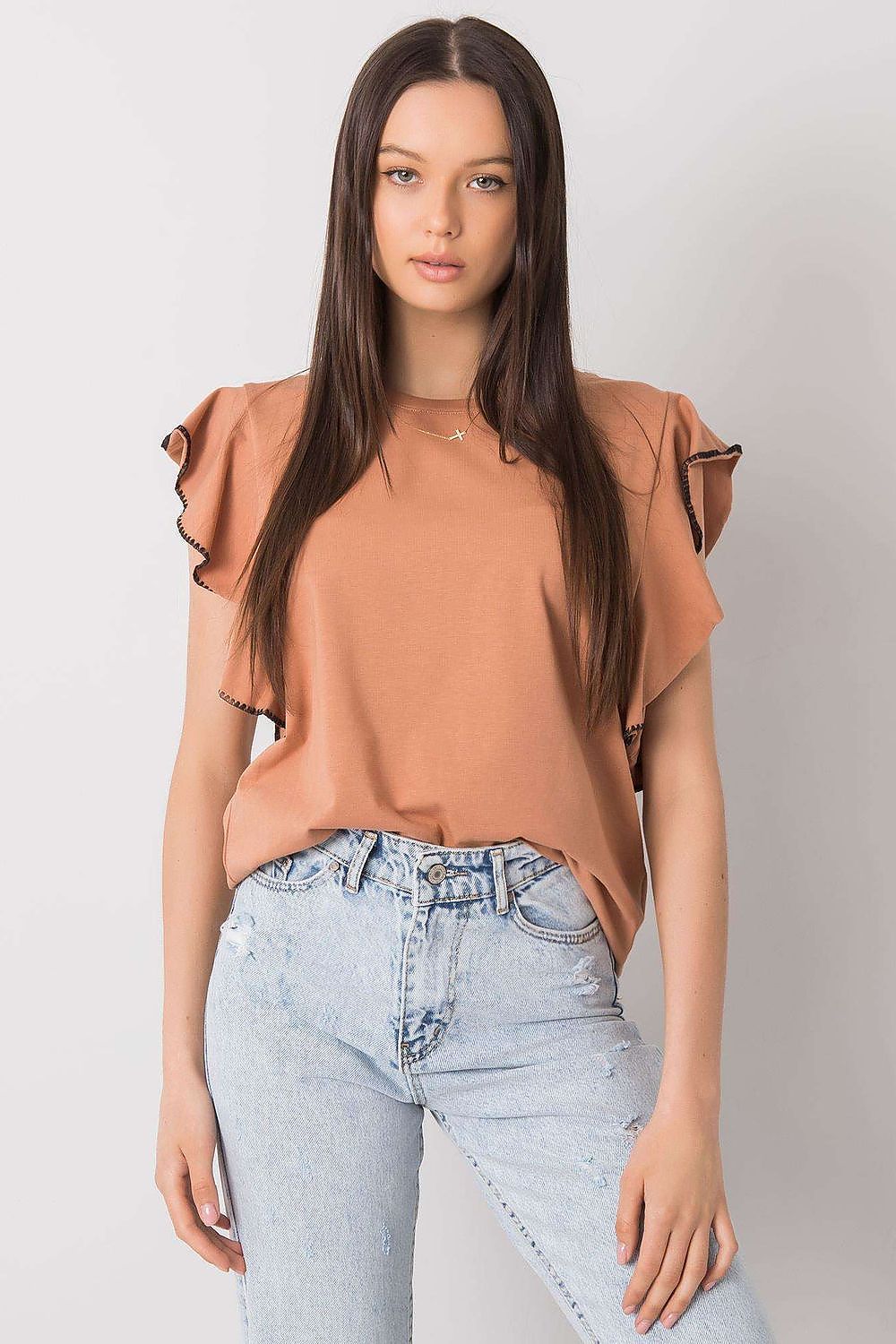 Elegant Frill Sleeve Cotton Blend Blouse with Round Neck – Versatile Everyday Wear, front view of a model dressed in a brown frill sleeve blouse styled with ripped denim.