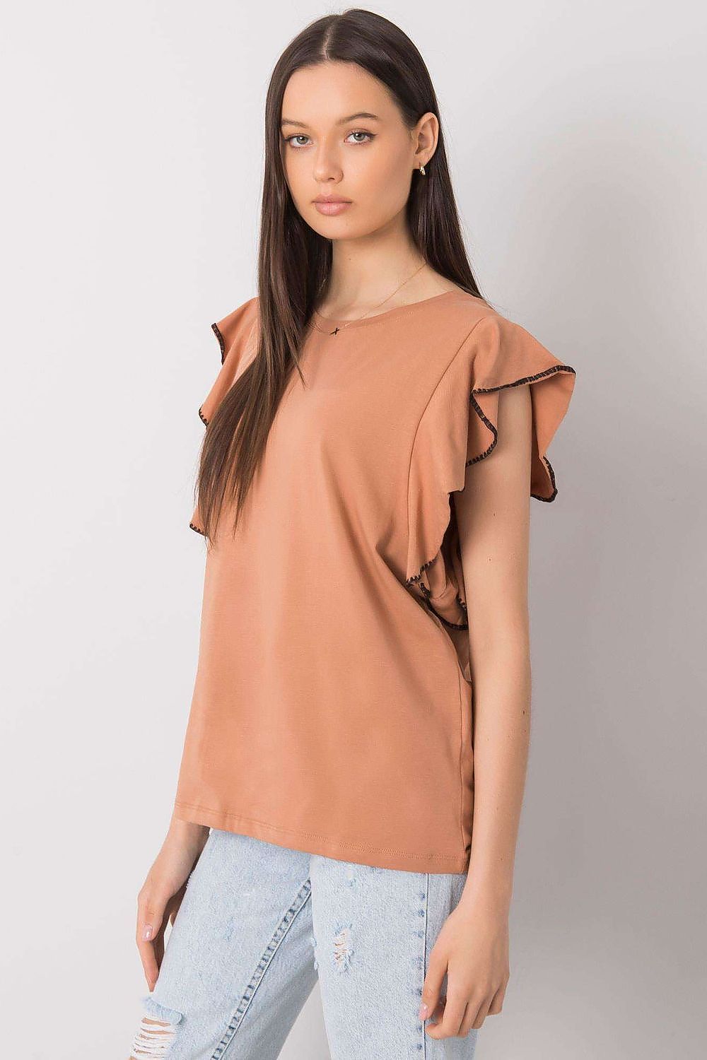 Elegant Frill Sleeve Cotton Blend Blouse with Round Neck - Woman elegantly showcasing a chic rust-coloured blouse adorned with frill sleeves, perfect for versatile everyday wear.