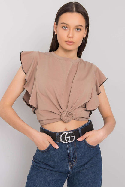 Elegant Frill Sleeve Cotton Blend Blouse with Round Neck - Stylish woman presenting a taupe frill sleeve blouse, tied at the waist, ideal for creating a sophisticated everyday look.
