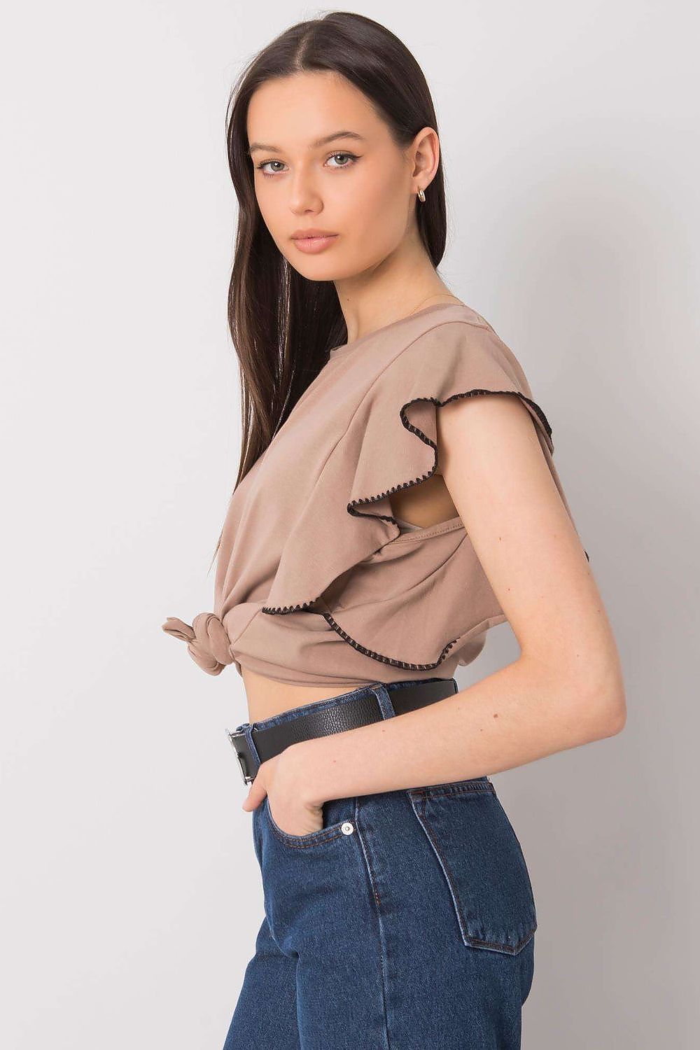Elegant Frill Sleeve Cotton Blend Blouse with Round Neck - Chic view of a stylish taupe blouse with frill details, perfectly accentuating a trendy everyday outfit.