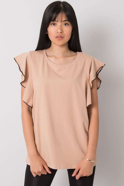 Elegant Frill Sleeve Cotton Blend Blouse with Round Neck - Young woman elegantly wears a light taupe frill sleeve blouse, embodying luxury and style for everyday versatility.
