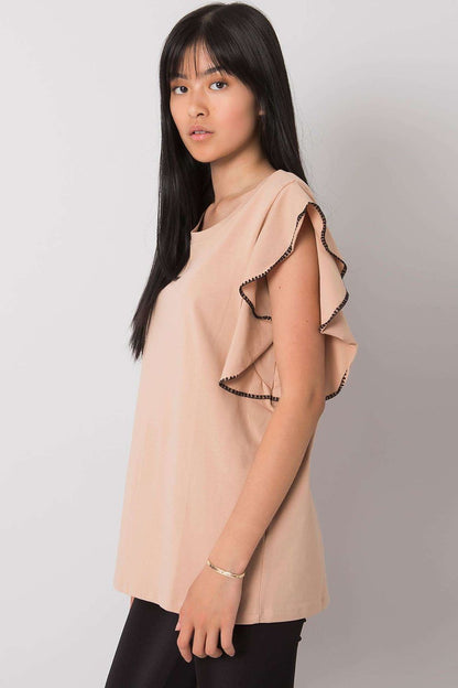 Elegant Frill Sleeve Cotton Blend Blouse with Round Neck showcased on a model, highlighting the soft peach fabric and delicate frill sleeve design, perfect for versatile everyday wear.