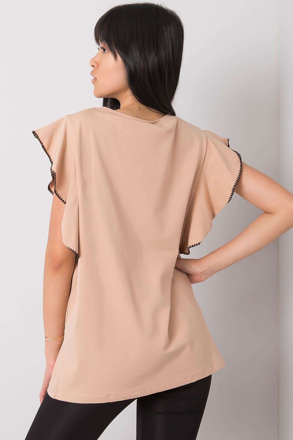 Rear view of the Elegant Frill Sleeve Cotton Blend Blouse with Round Neck in a chic peach colour, illustrating the flowing design and stylish frill detailing, ideal for any occasion.