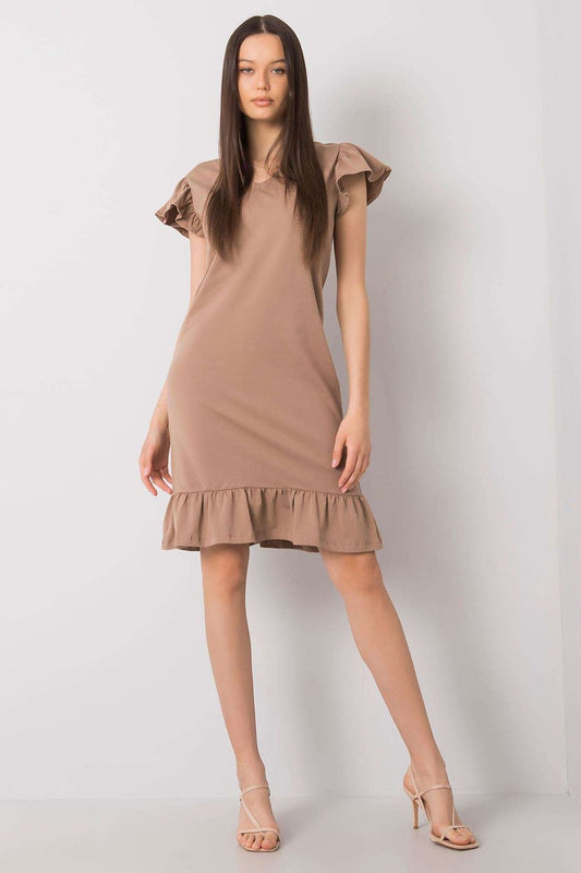 Front view of the Elegant Short Sleeve Frill Dress with Heart Neckline, model highlighting its delicate frills and elegant silhouette, perfect for versatile styling.