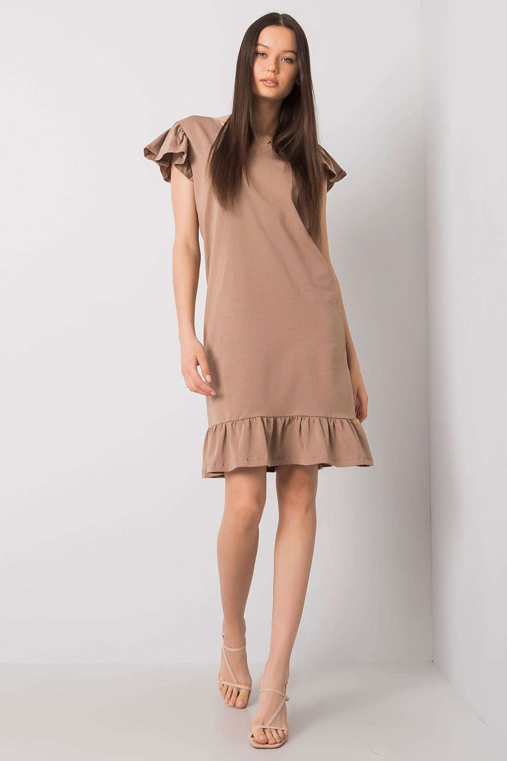 Sophisticated look at the Elegant Short Sleeve Frill Dress with Heart Neckline, featuring a model showcasing its refined design and flattering frill hem, suitable for all occasions.