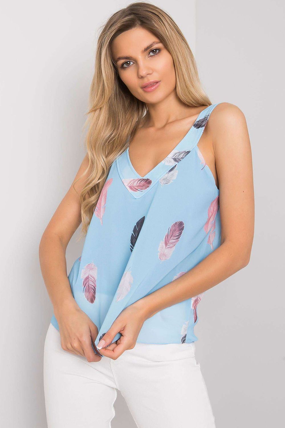 Chic Luxury Italy Moda Women's T-Shirt with Thick Straps and Heart Neckline in unique print, showcased on a model with a stylish pose against a neutral backdrop.
