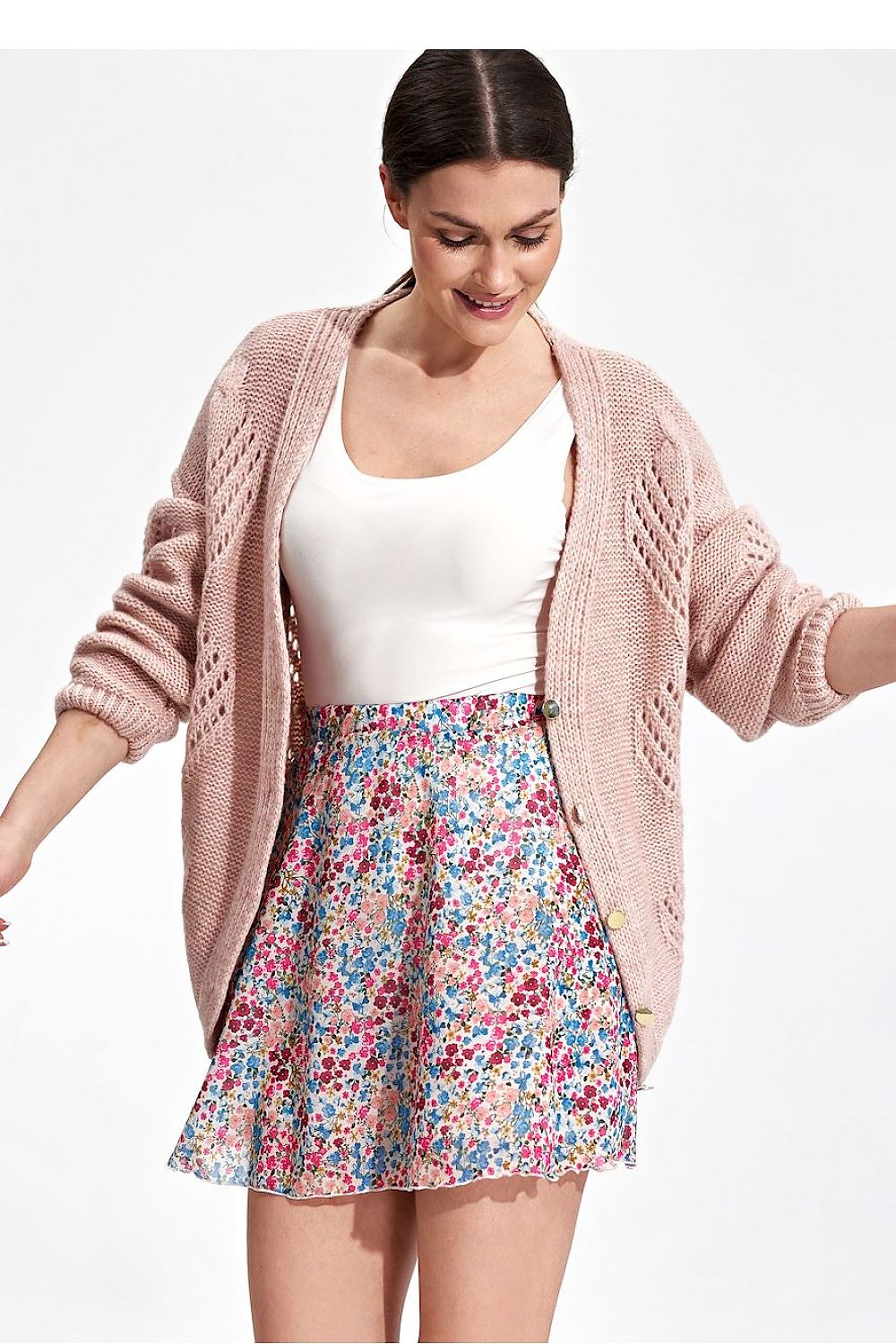 Flared Mini Skirt by Figl, showcasing an elegant design with a flared silhouette, paired with a soft, knitted cardigan, perfect for a stylish look. The airy polyester fabric creates a comfortable fit, available in multiple sizes.