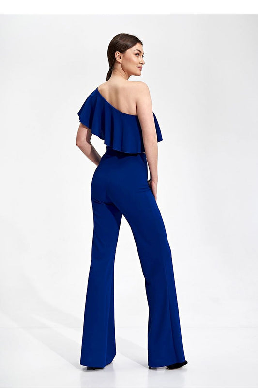Rear view of a model in Figl Women's Stretchy Bell-Bottom Trousers with Wide Rubber Band Waist in striking blue, accentuating the flowing silhouette and style with a chic ruffled top.
