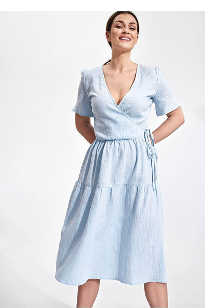 Elegant Figl Summer Midi Dress with Short Sleeves and Flared Cut in 100% Cotton, featuring a model wearing a light blue dress with a flared skirt and envelope neckline.