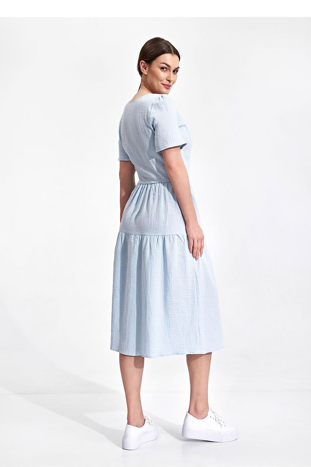 Elegant Figl Summer Midi Dress with Short Sleeves and Flared Cut in 100% Cotton, presented on a model from a rear view, showcasing the dress's flattering silhouette and chic style.