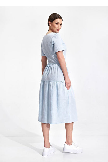 Elegant Figl Summer Midi Dress with Short Sleeves and Flared Cut in 100% Cotton, presented on a model from a rear view, showcasing the dress's flattering silhouette and chic style.